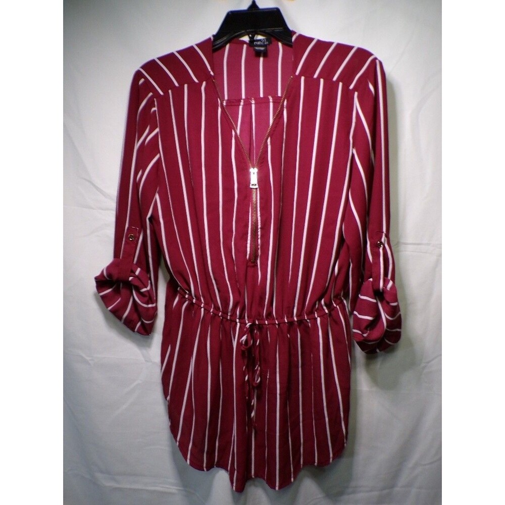 rue21 Women's XL Striped Top Burgundy White Long Sleeve Zipper